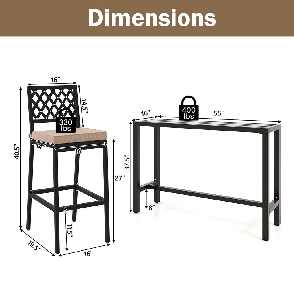 3PCS Outdoor Metal Bar Table & Chairs Set with Cushion X7226