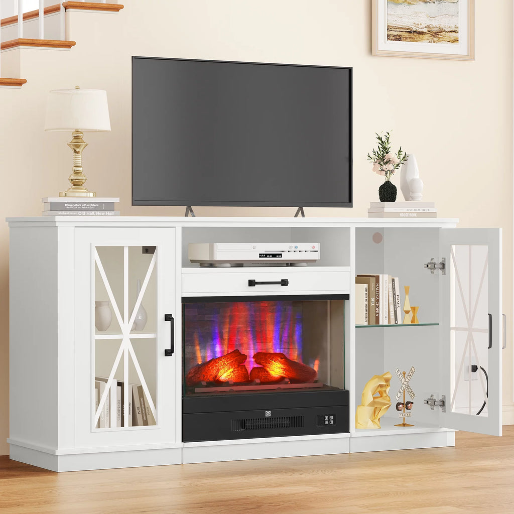 60 Inch White Entertainment Console with Slidable Fireplace and Storage Compartments N161512