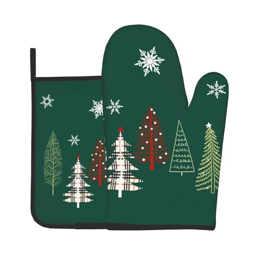 Winter Green Tree Snowflake Oven Mitts and Pot Holders Set Heat Resistant Non Slip Kitchen Gloves Hot Pads 2 Pack Set R153293