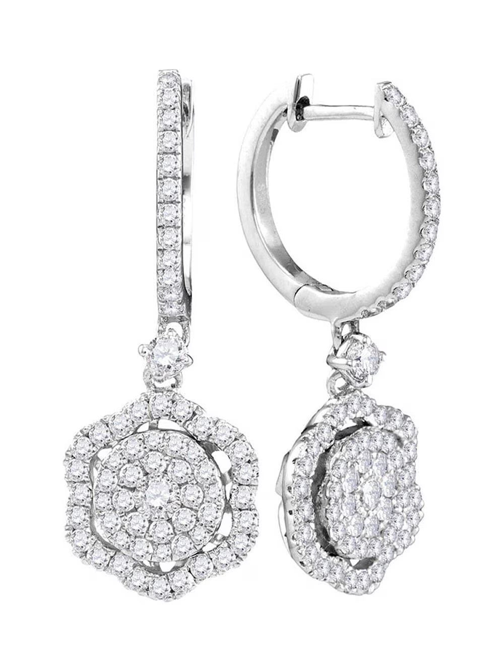 14kt White Gold Round Diamond Cluster Dangle Earrings A371