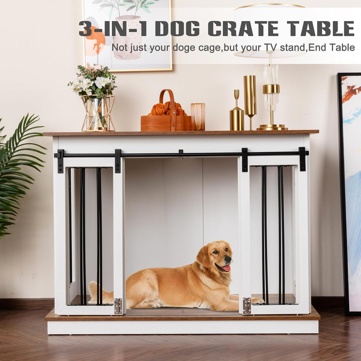 White Wooden Dog Crate with Double Doors, 47''W*24''D*35''H R2008