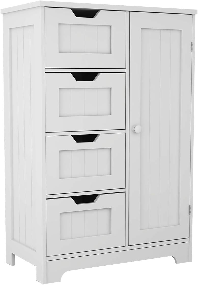 White Freestanding Bathroom Storage Cabinet with 4 Drawers and 1 Door G97092