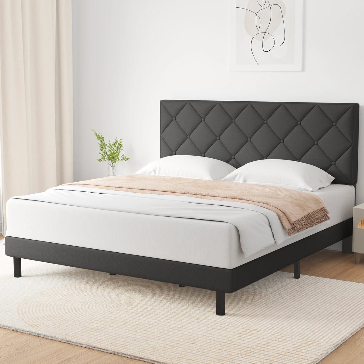 Full Size Bed Frame with Fabric Upholstered Headboard Dark Grey F73666