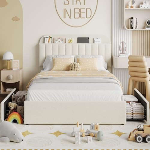 Beige Boucle Upholstered Twin Platform Bed with 2 Drawers V603