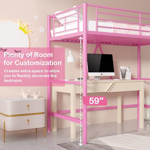 Twin Size Off White Metal Loft Bed with Ladder and Guardrail V684