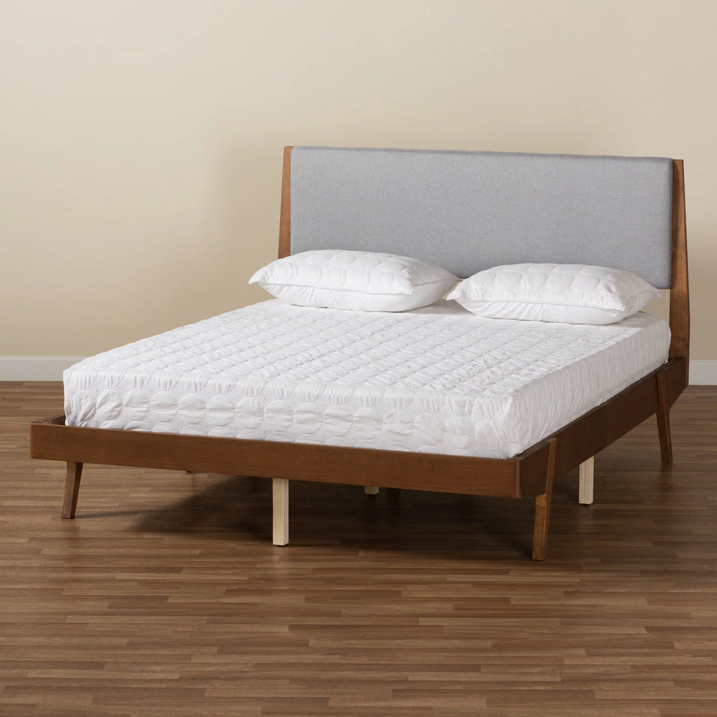 Grey Fabric Upholstered Walnut Brown Wood Full Size Platform Bed O62532