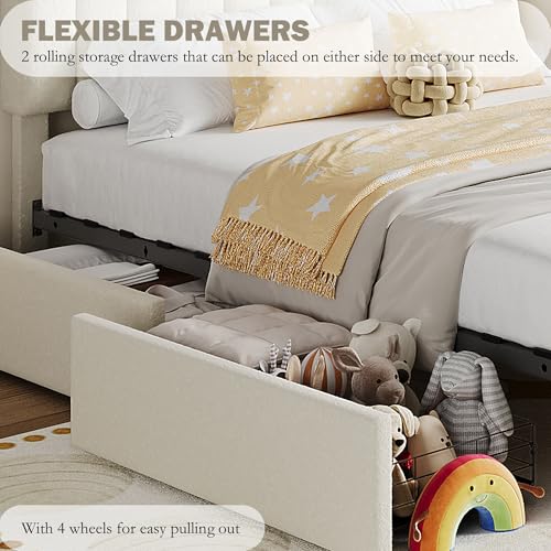 Beige Boucle Upholstered Twin Platform Bed with 2 Drawers V603