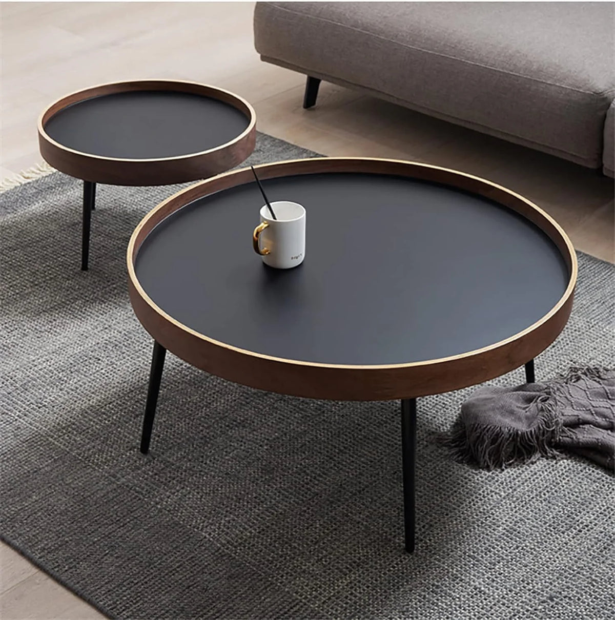 Round Wooden Nesting Coffee Table Set with Metal Frame J60991