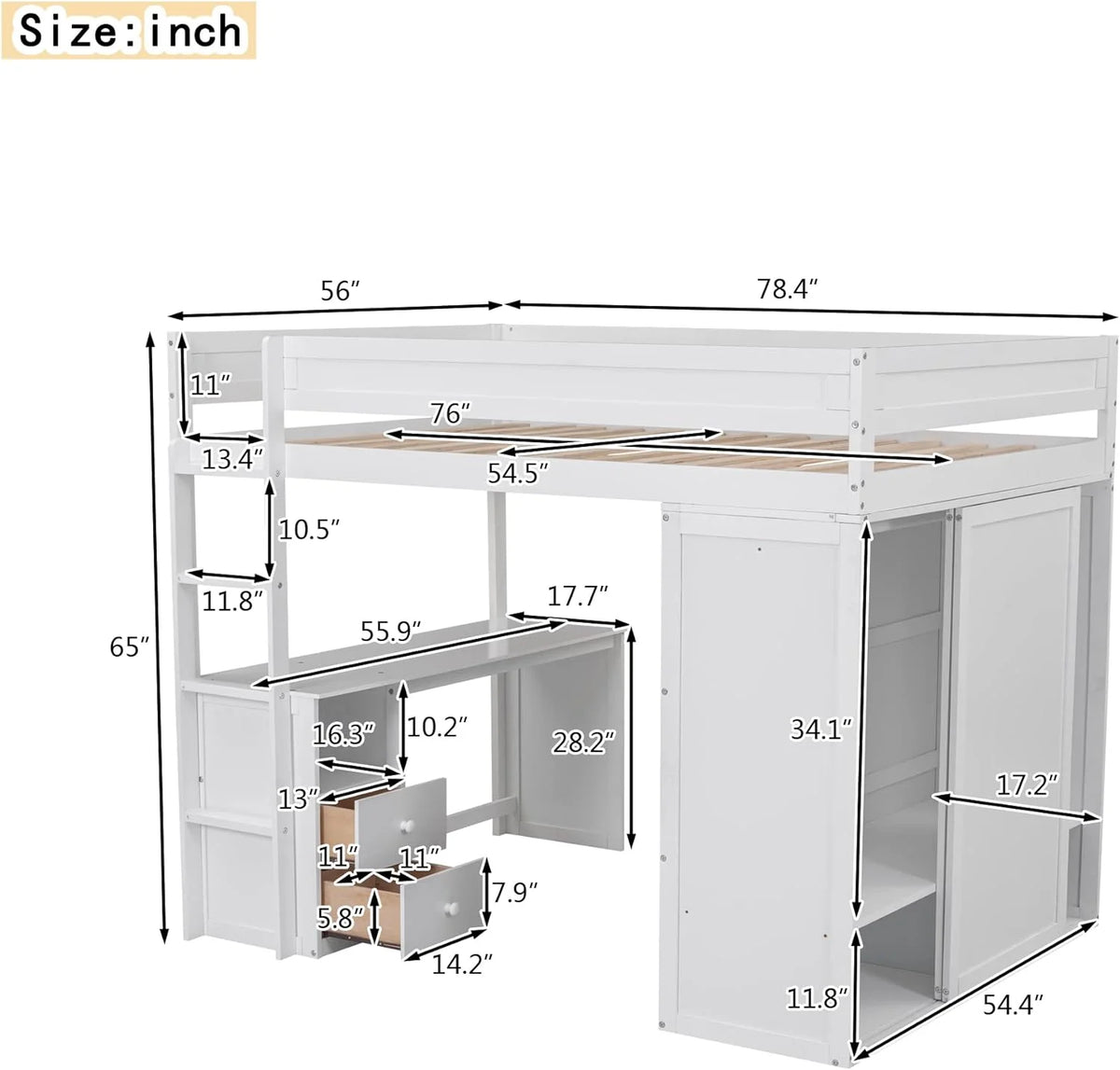 White Full Size Wood Loft Bed with Storage Wardrobe Desk and Drawers H762559