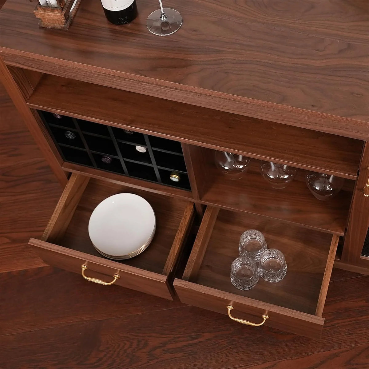 Solid Walnut Hardwood Bar Cabinet with Storage and Large Drawer W886291