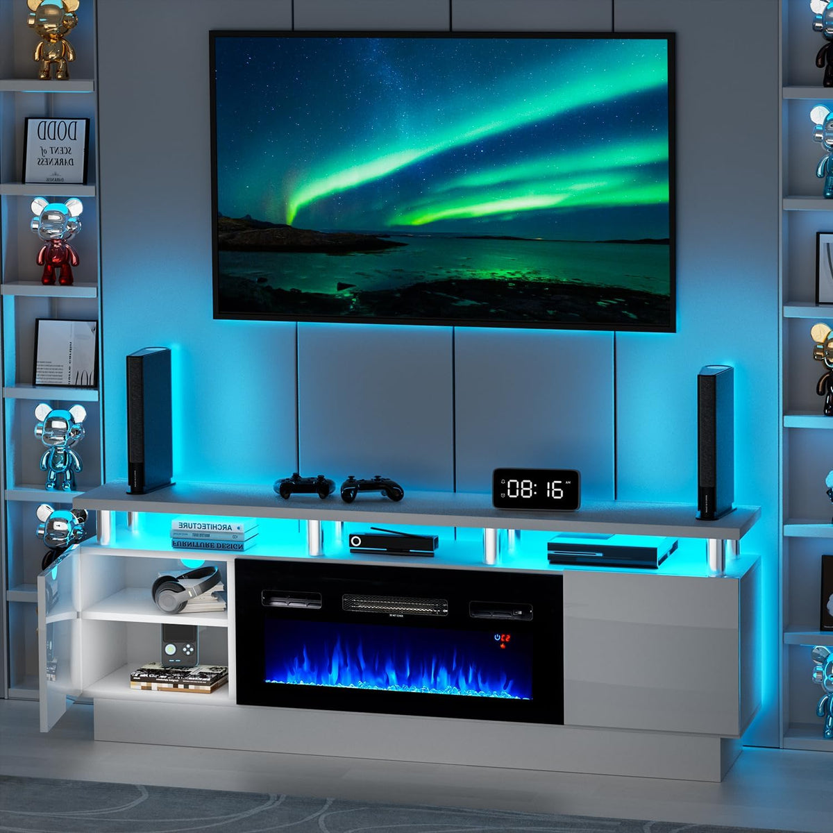 White 2 Tier Electric Fireplace TV Stand O474592