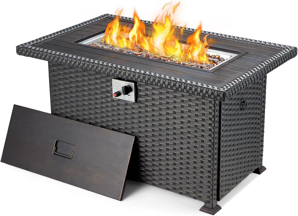 44in Propane Fire Pit Table with Lid, Cover, Glass Beads S5722