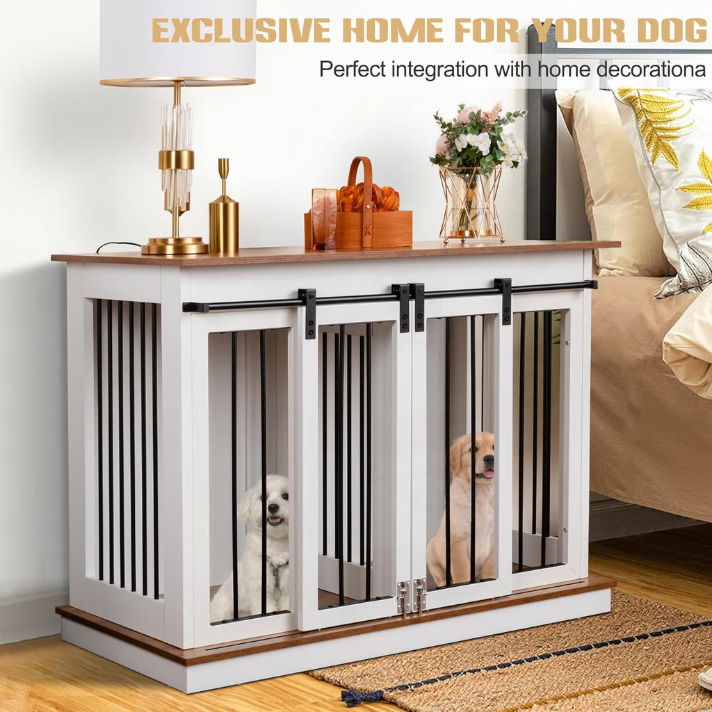 White Wooden Dog Crate with Double Doors, 47''W*24''D*35''H R2008