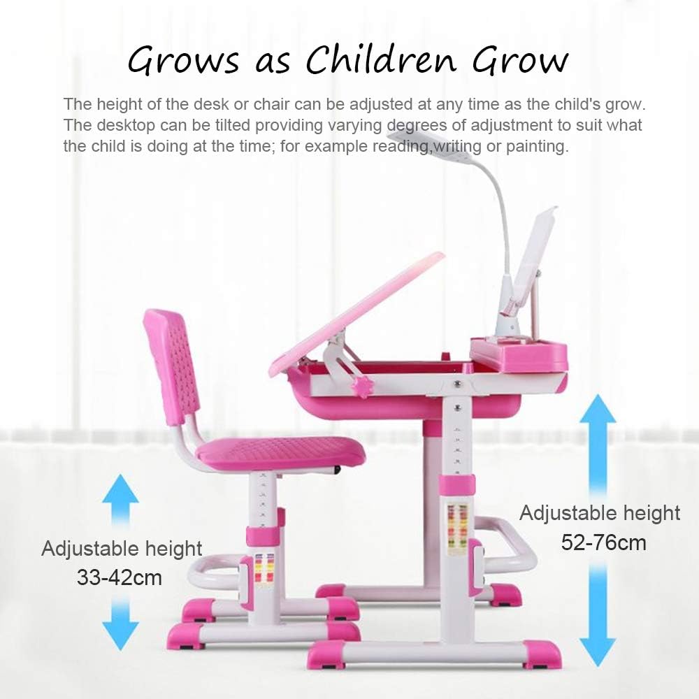 Kids Desk and Chair Set, Height Adjustable with Tilt Desktop, LED Lamp and Storage Drawer, Grey F713