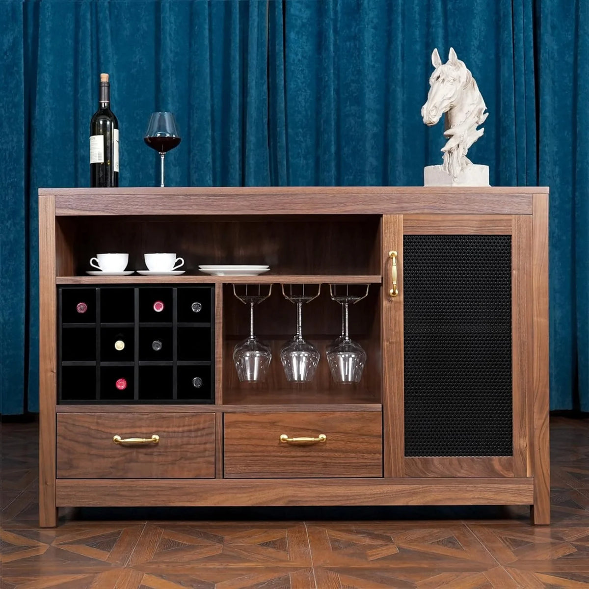Solid Walnut Hardwood Bar Cabinet with Storage and Large Drawer W886291