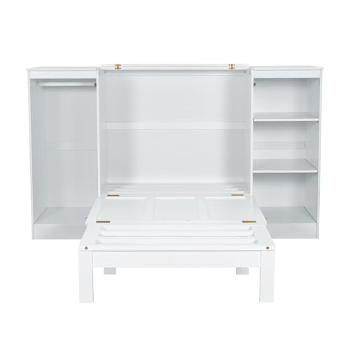 White Twin Size Murphy Bed with Storage Shelves and Wardrobe V2551