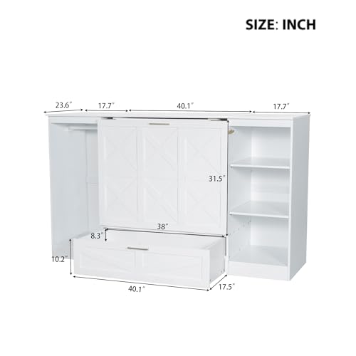 White Twin Size Murphy Bed with Storage Shelves and Wardrobe V2551