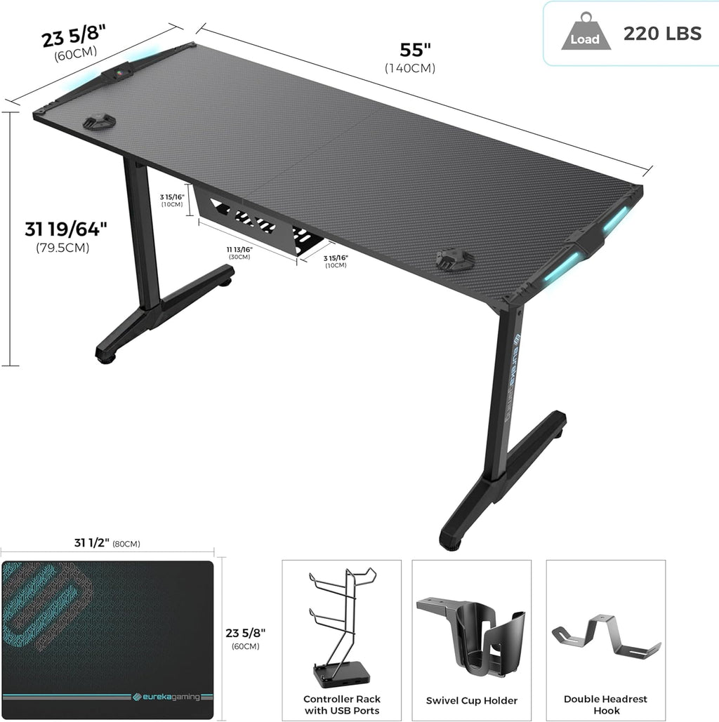 55 Inch Black Gaming Desk with USB Ports Z207621