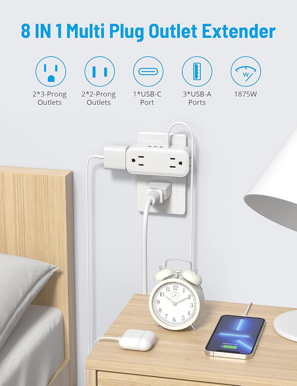 White 4 Outlet 4 USB Ports (1 USB C) Outlet Extender V936
