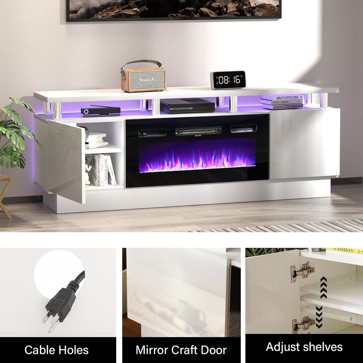 White 2 Tier Electric Fireplace TV Stand O474592