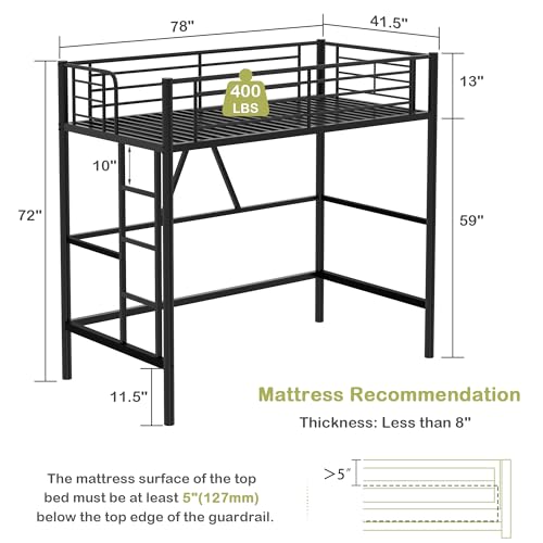 Twin Size Off White Metal Loft Bed with Ladder and Guardrail V684