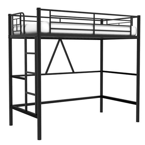 Twin Size Off White Metal Loft Bed with Ladder and Guardrail V684