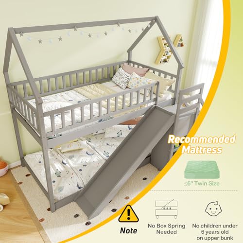 White Wood Twin Over Twin Bunk Bed with Slide and Staircase F80436