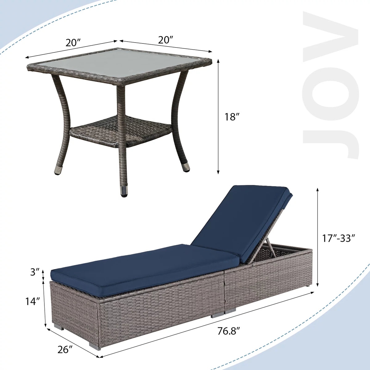 Navy Blue PE Rattan 3 Piece Chaise Lounge Chair with Coffee Table S45695