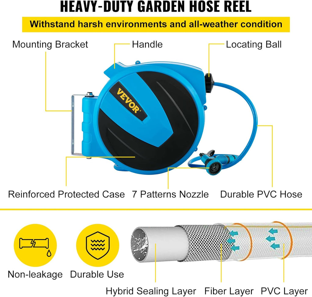 Retractable Hose Reel, 5/8 inch x 50 ft, Wall Mounted Garden Hose Reel, Blue Pack of 2 R4563
