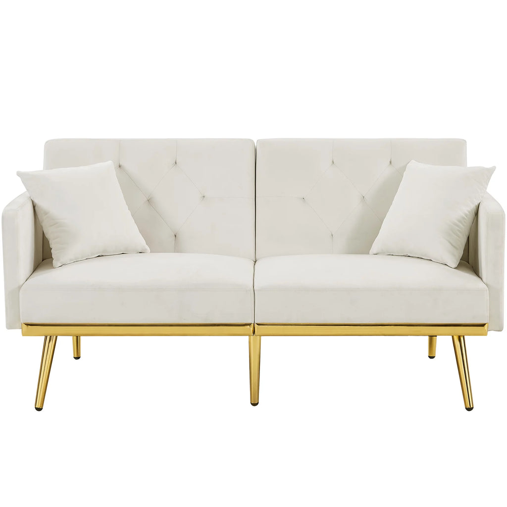 White Velvet Futon Sofa Bed with Gold Metal Legs M242