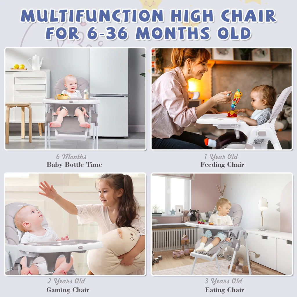Portable Folding Highchair with Adjustable Height, Removable Tray, Gray K366