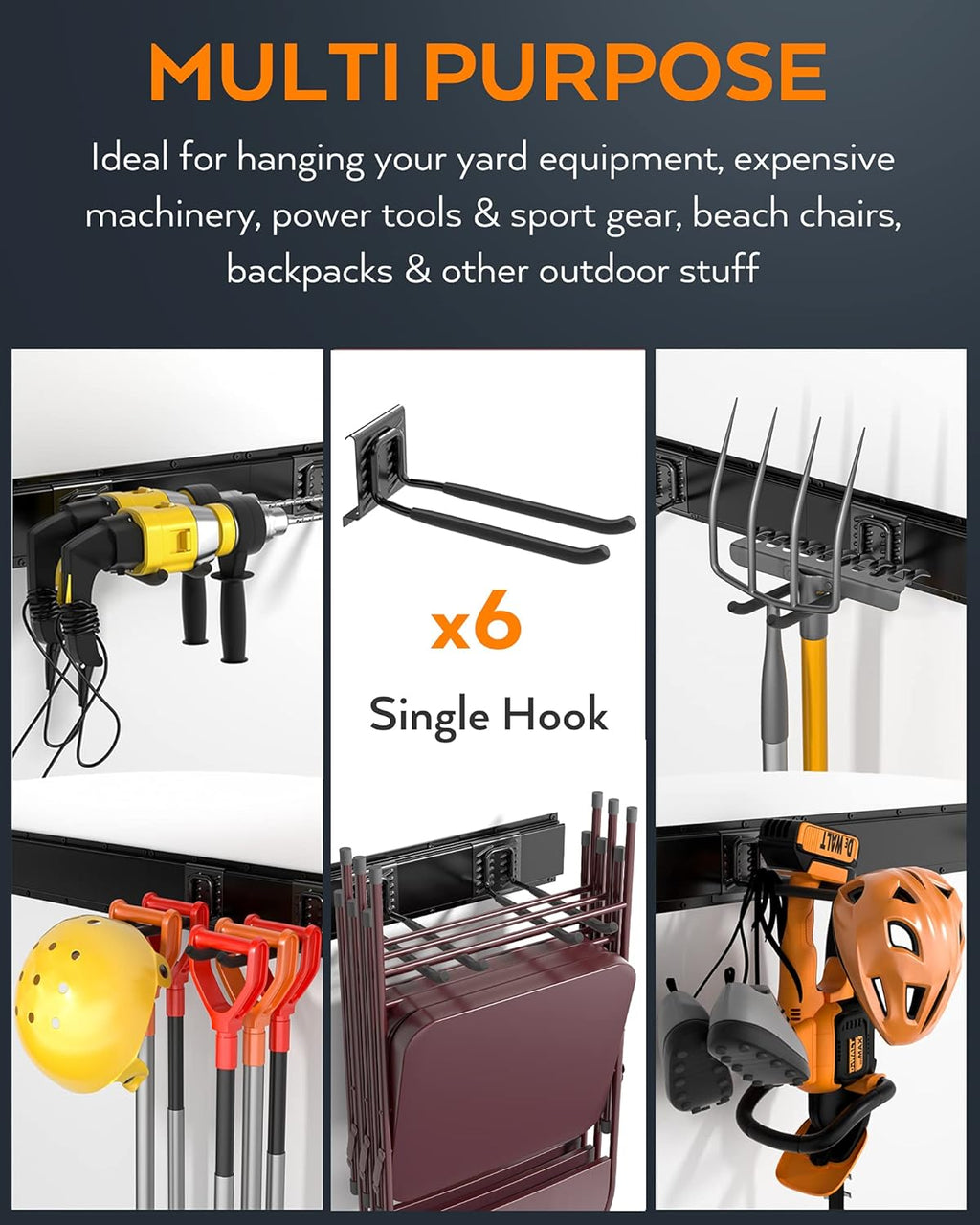 Heavy Duty Garage Storage Tool Organizer Wall Mount Rack with 6 Long Hooks, 48 Inch, Pack of 2 U464894