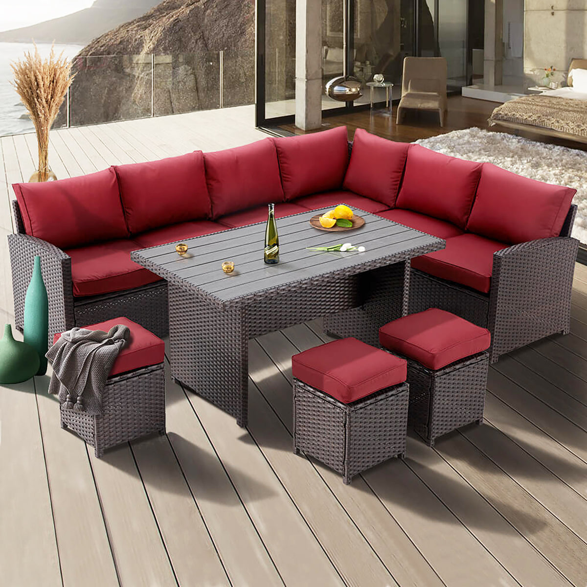 Red Rattan Wicker Patio Dining Table Set J3530