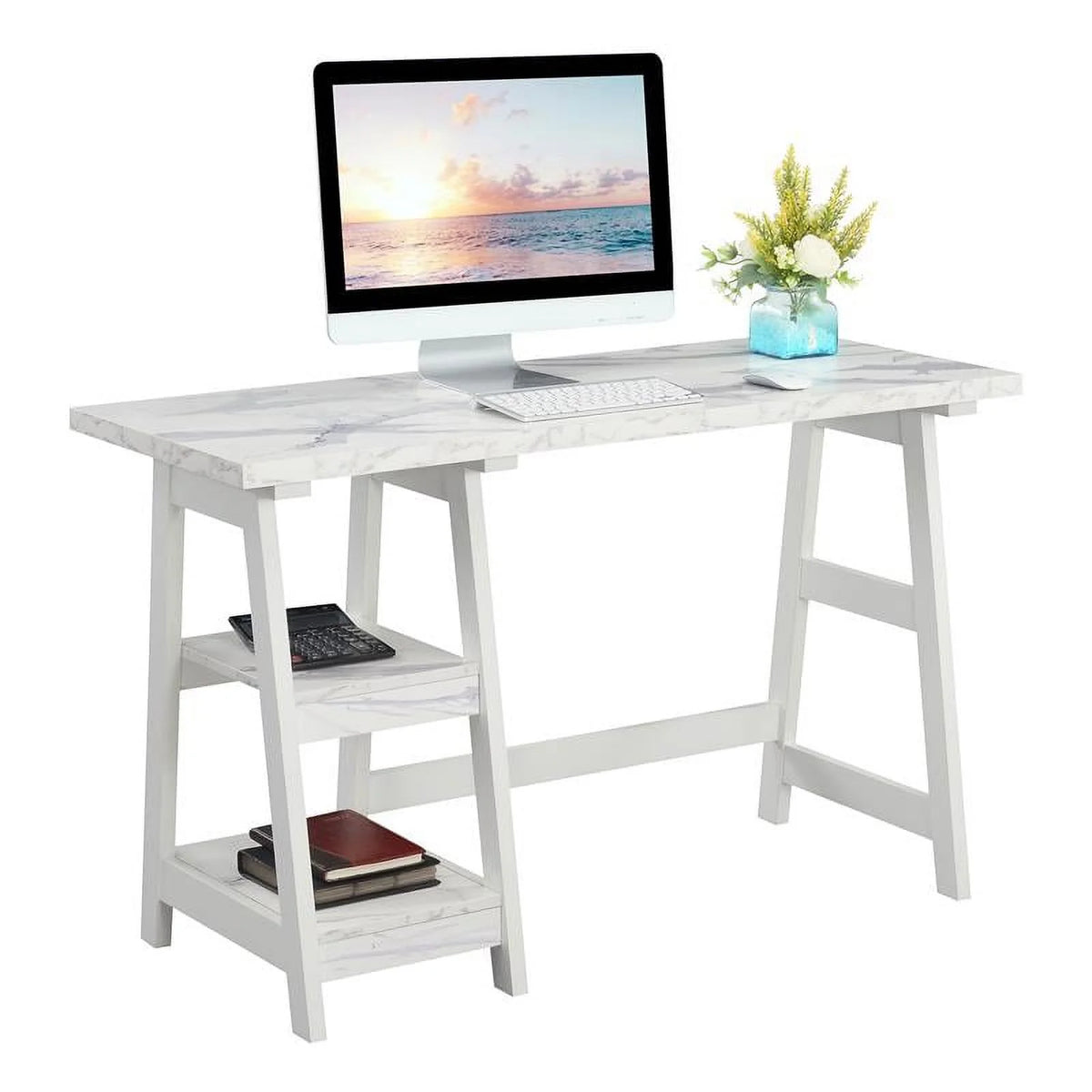 White Trestle Desk with Shelves U6192