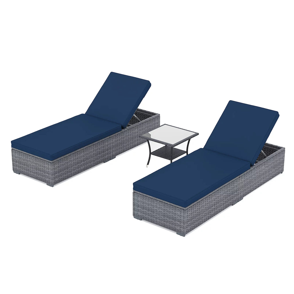 Navy Blue PE Rattan 3 Piece Chaise Lounge Chair with Coffee Table S45695