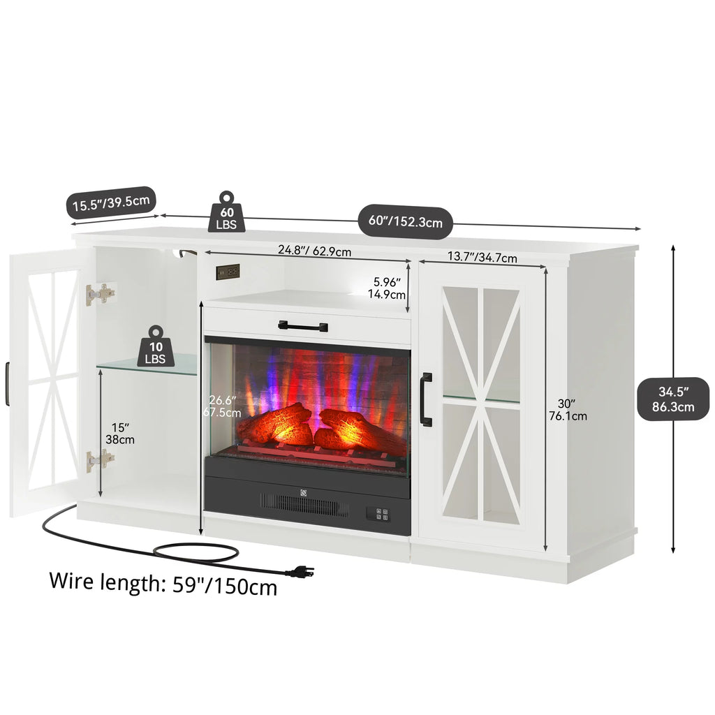 60 Inch White Entertainment Console with Slidable Fireplace and Storage Compartments N161512
