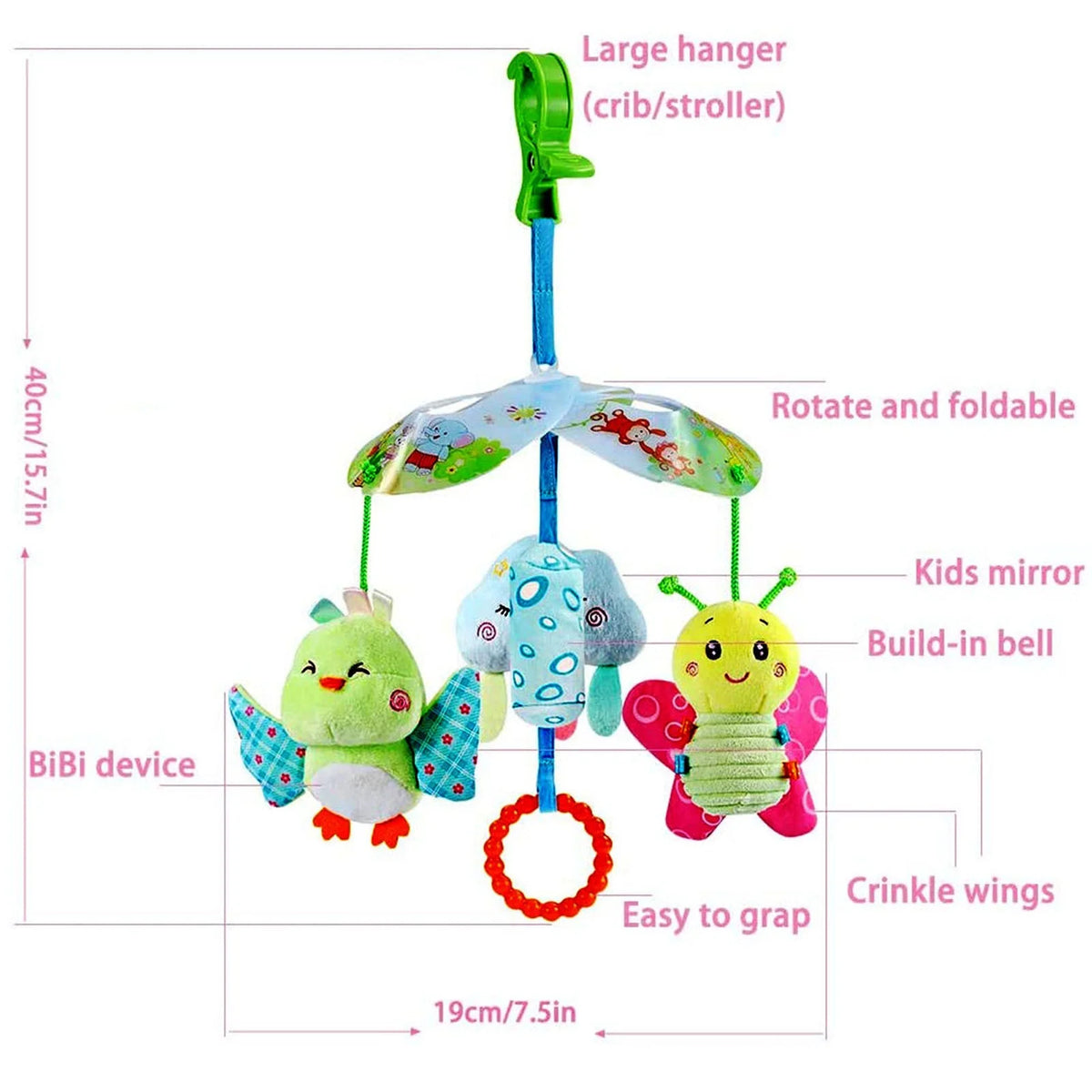 Baby Car Seat Clip On Stroller Toy With Birds And Hanging Rattle Sensory Activity Toy T33033