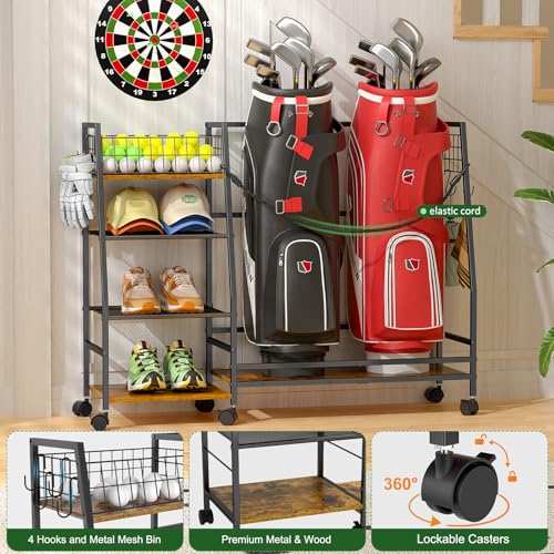 Golf Bag Storage Rack with Wheels, Black L30502