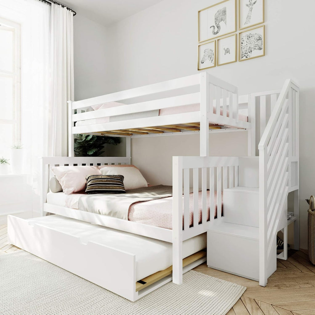 White Twin Bunk Bed with Staircase and Trundle F91005