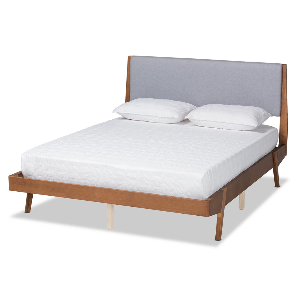 Grey Fabric Upholstered Walnut Brown Wood Full Size Platform Bed O62532