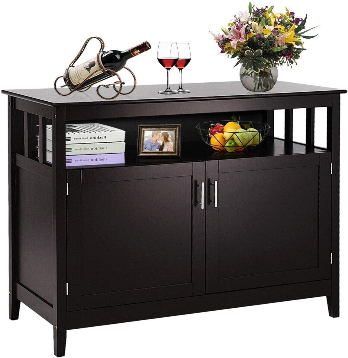 Black Kitchen Storage Sideboard Cabinet with 2 Level Cabinets and Open Shelf B990642