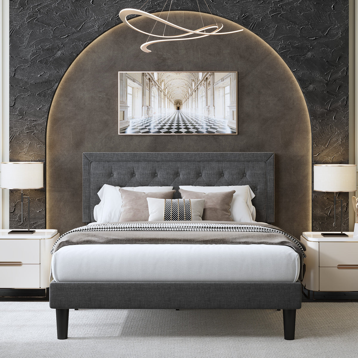 Queen Size Upholstered Platform Bed Frame with Adjustable Headboard I359