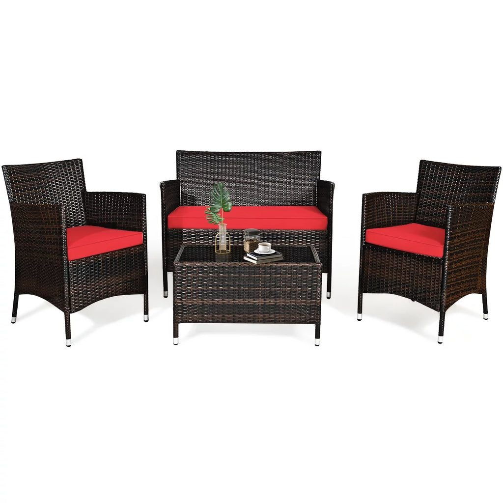 4-Piece Patio Rattan Wicker Furniture Set with Red Cushions I959