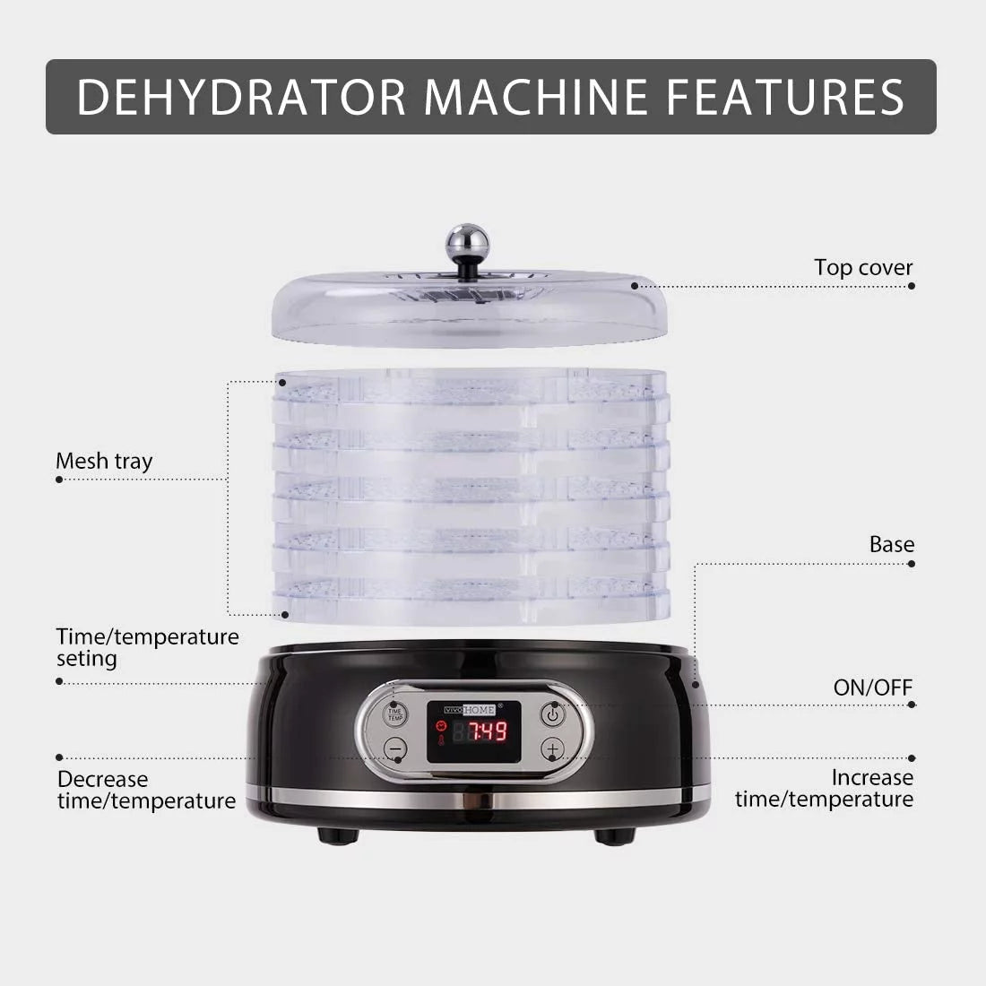 400W 5 Trays Round Food Dehydrator Machine Black F7132