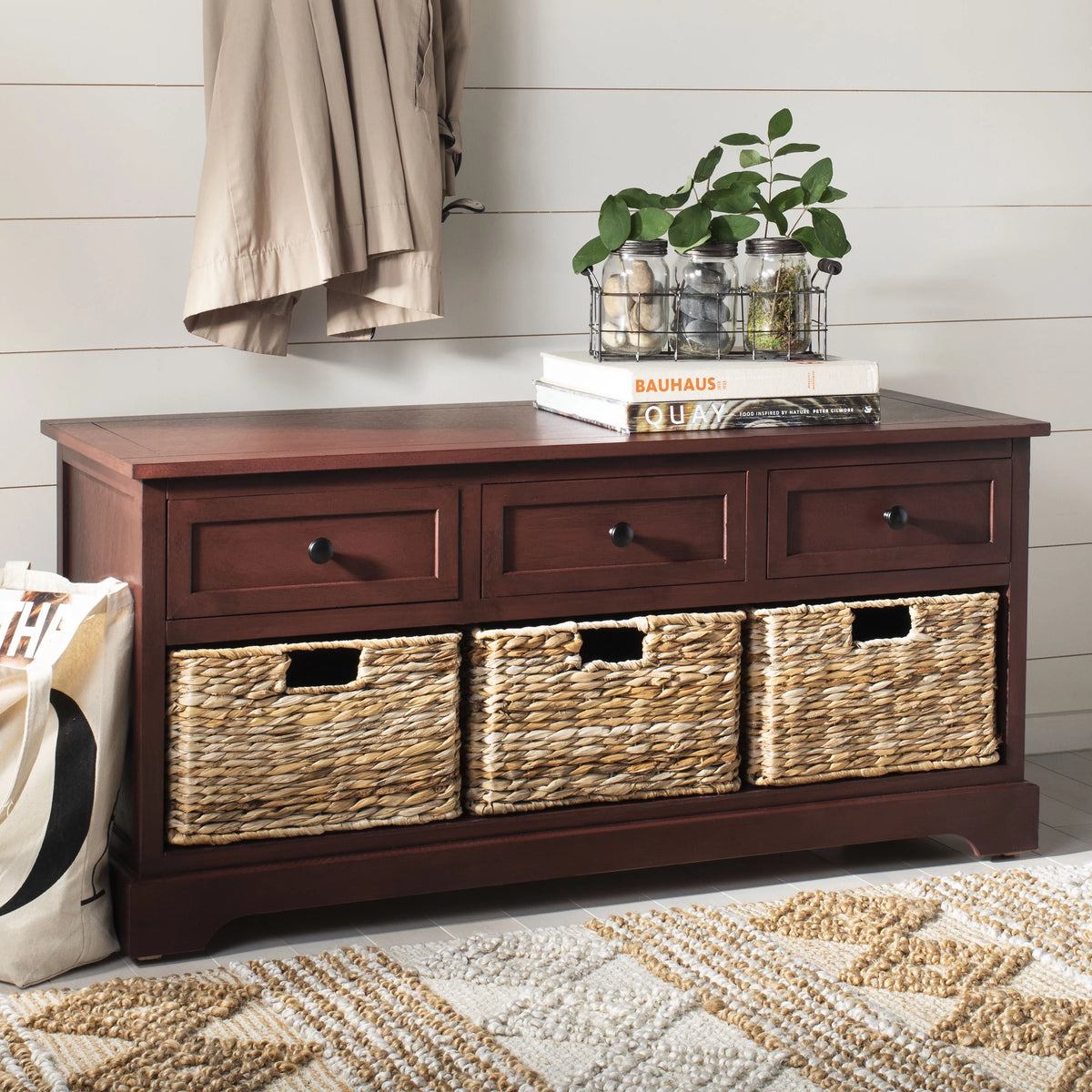 Storage Bench with 3 Wicker Baskets and 3 Drawers B413