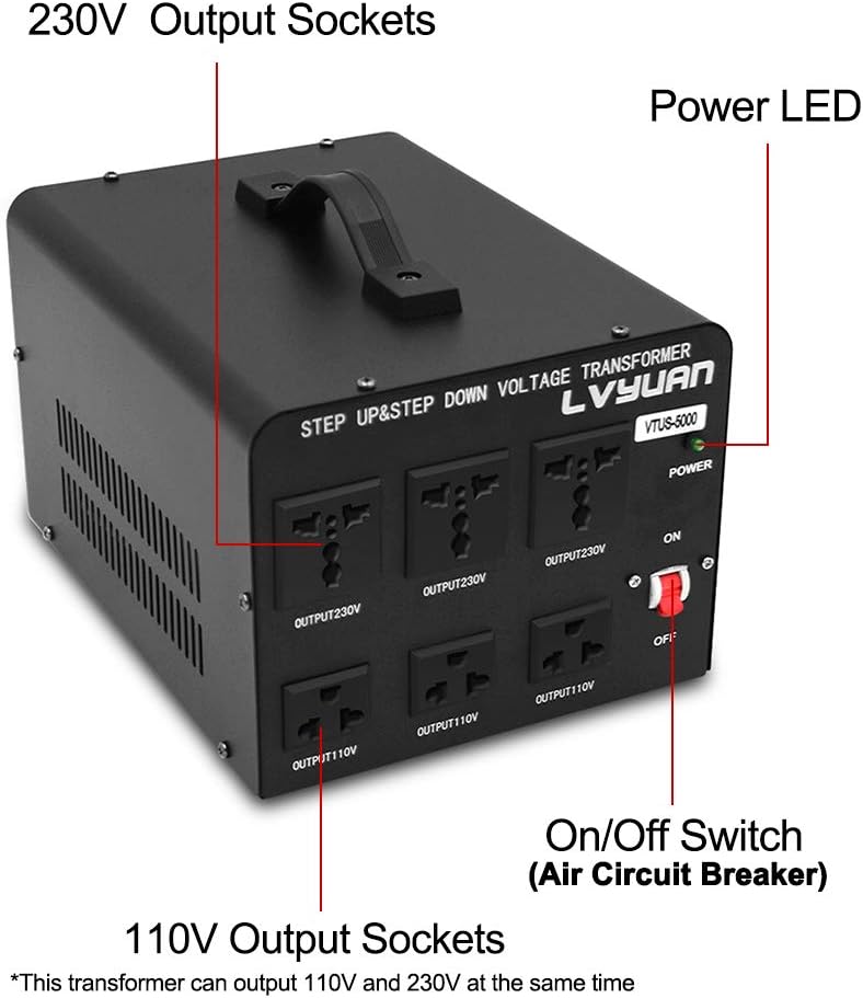 Voltage Transformer 3000 Watt Step Up/Down with 3 US outlets, 3 Universal outlets, Circuit Breaker F324