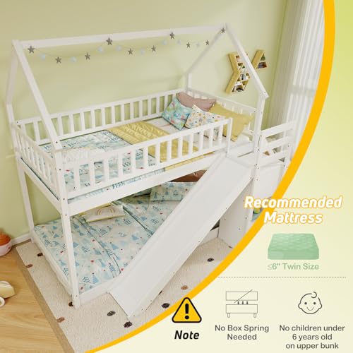 White Wood Twin Over Twin Bunk Bed with Slide and Staircase F80436