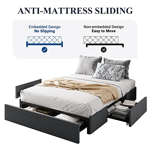 Queen Size Fabric Upholstered Platform Bed Frame with 3 Storage Drawers Y387