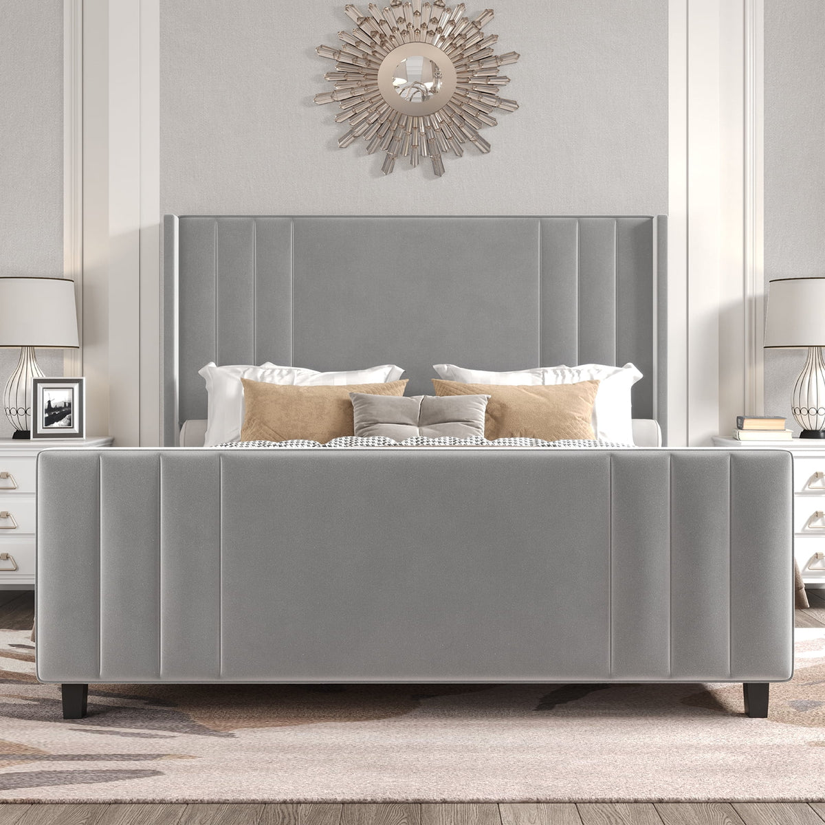 Queen Platform Bed Frame with Vertical Channel, Cream N299159