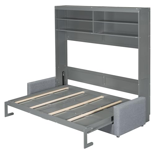 Queen Size Gray Wood Murphy Bed with Storage Shelves Z949647